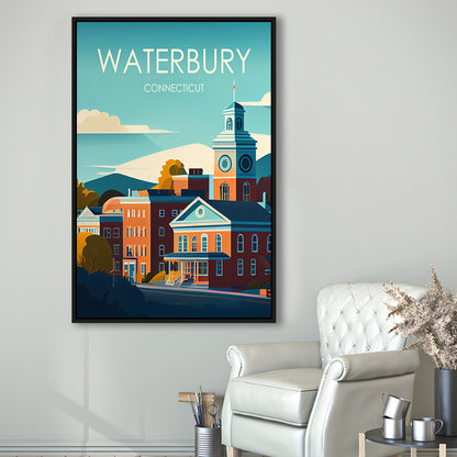 Waterbury Connecticut Retro Art Print, Waterbury City Wall Art, Floating Framed Canvas Print, Framed Picture, Painting Canvas