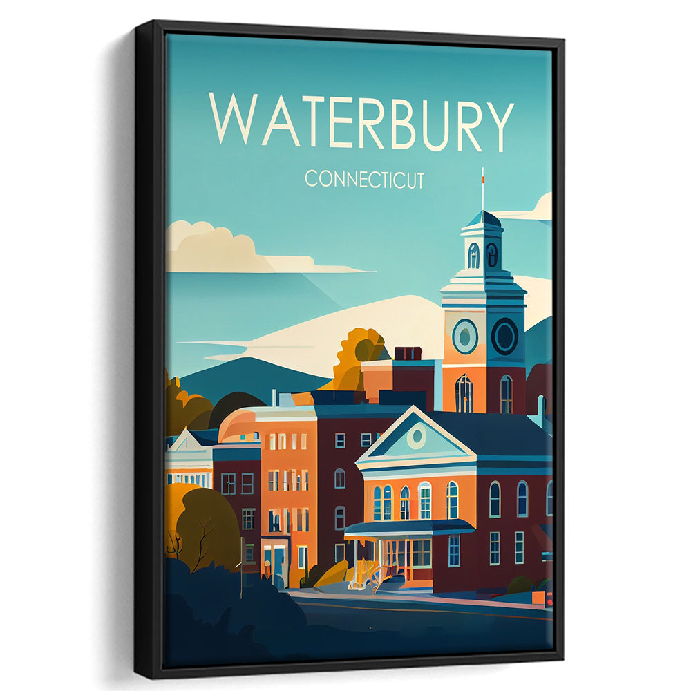 Waterbury Connecticut Retro Art Print, Waterbury City Wall Art, Floating Framed Canvas Print, Framed Picture, Painting Canvas