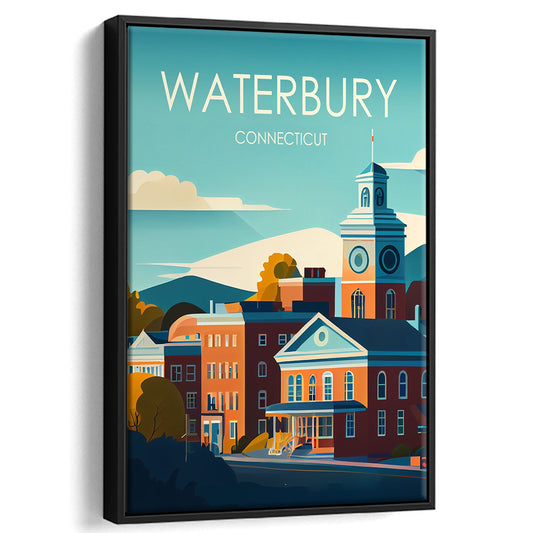 Waterbury Connecticut Retro Art Print, Waterbury City Wall Art, Floating Framed Canvas Print, Framed Picture, Painting Canvas