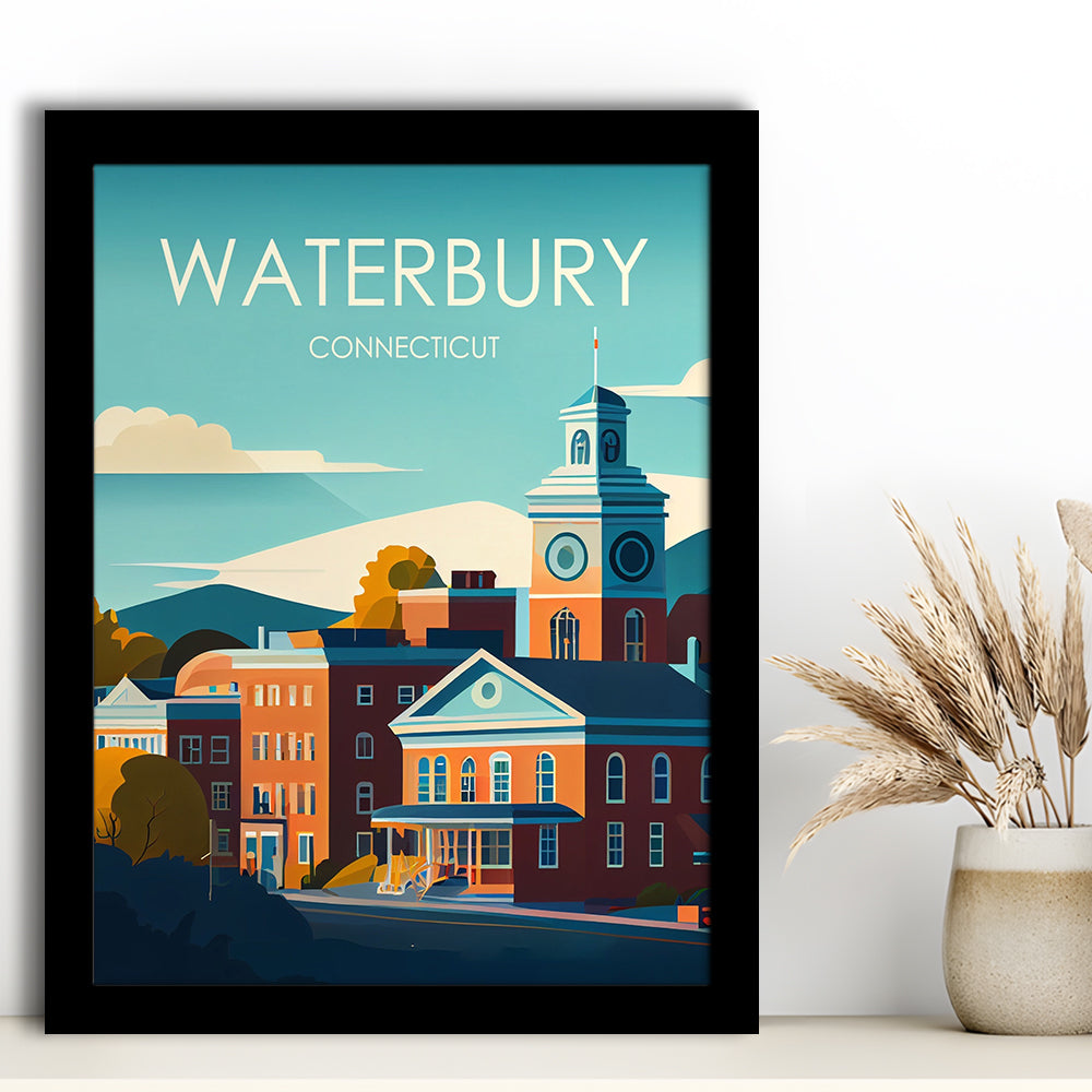 Waterbury Connecticut Retro Art Print, Waterbury City Wall Art, Framed Art Print, Picture Framed, Painting Art