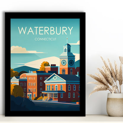 Waterbury Connecticut Retro Art Print, Waterbury City Wall Art, Framed Art Print, Picture Framed, Painting Art