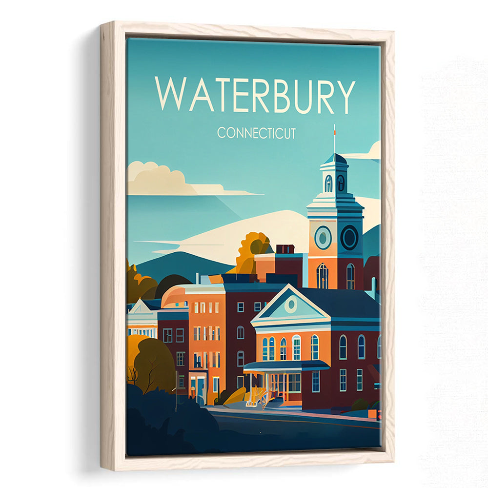 Waterbury Connecticut Retro Art Print, Waterbury City Wall Art, Floating Framed Canvas Print, Framed Picture, Painting Canvas