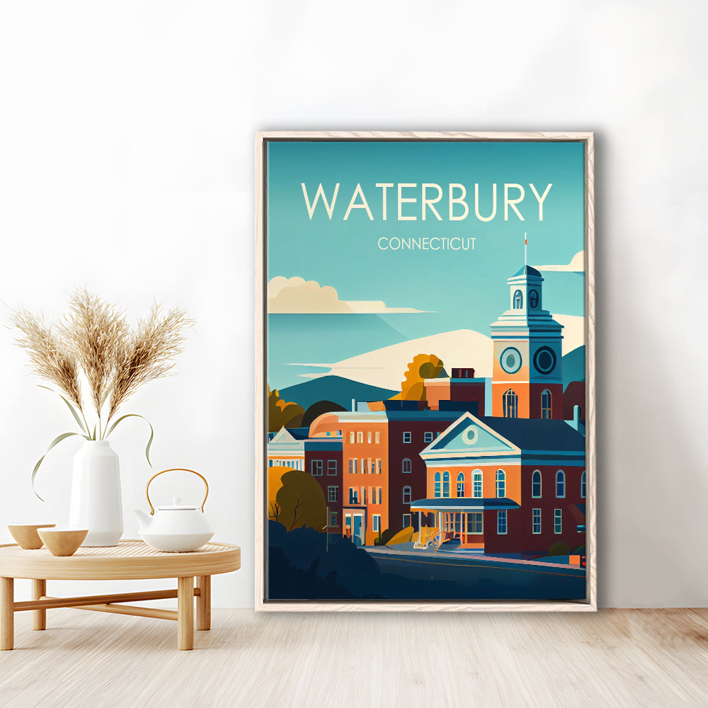 Waterbury Connecticut Retro Art Print, Waterbury City Wall Art, Floating Framed Canvas Print, Framed Picture, Painting Canvas