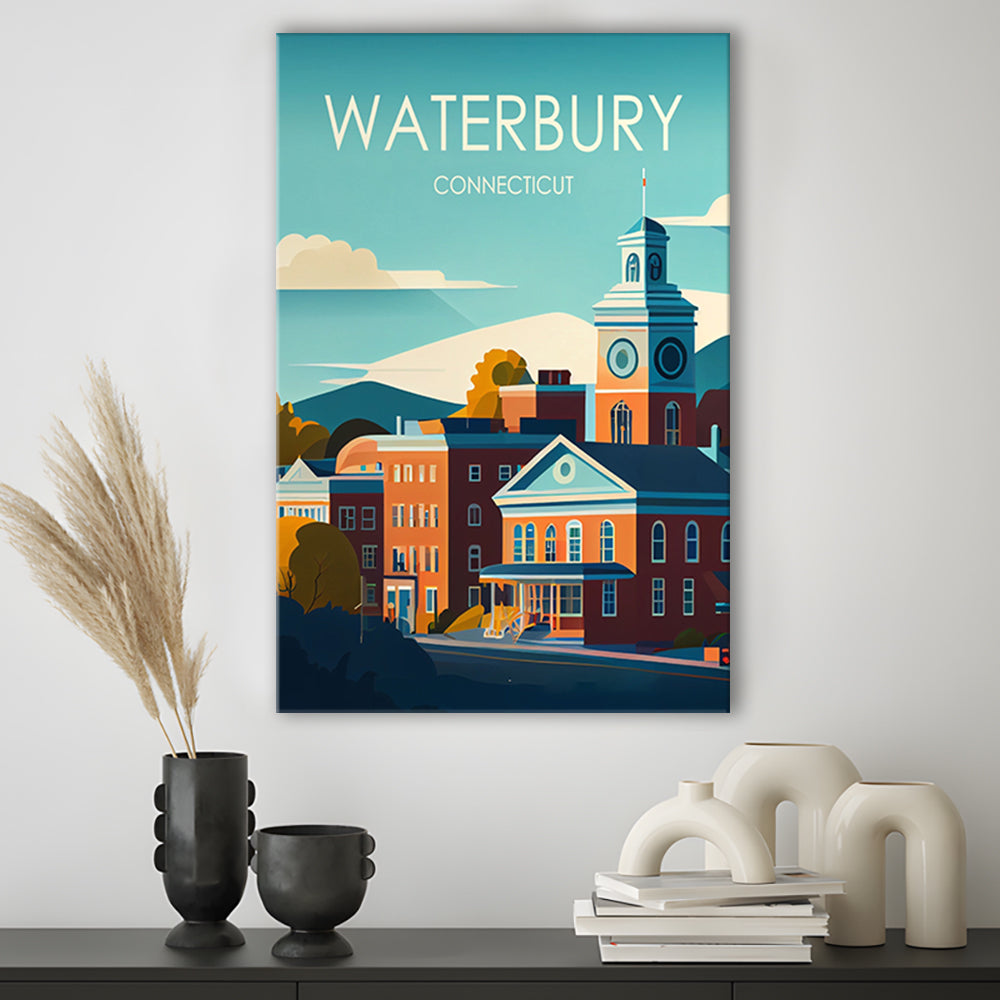 Waterbury Connecticut Retro Art Print, Waterbury City Wall Art, Canvas Print, Painting Canvas, Living Room Decor