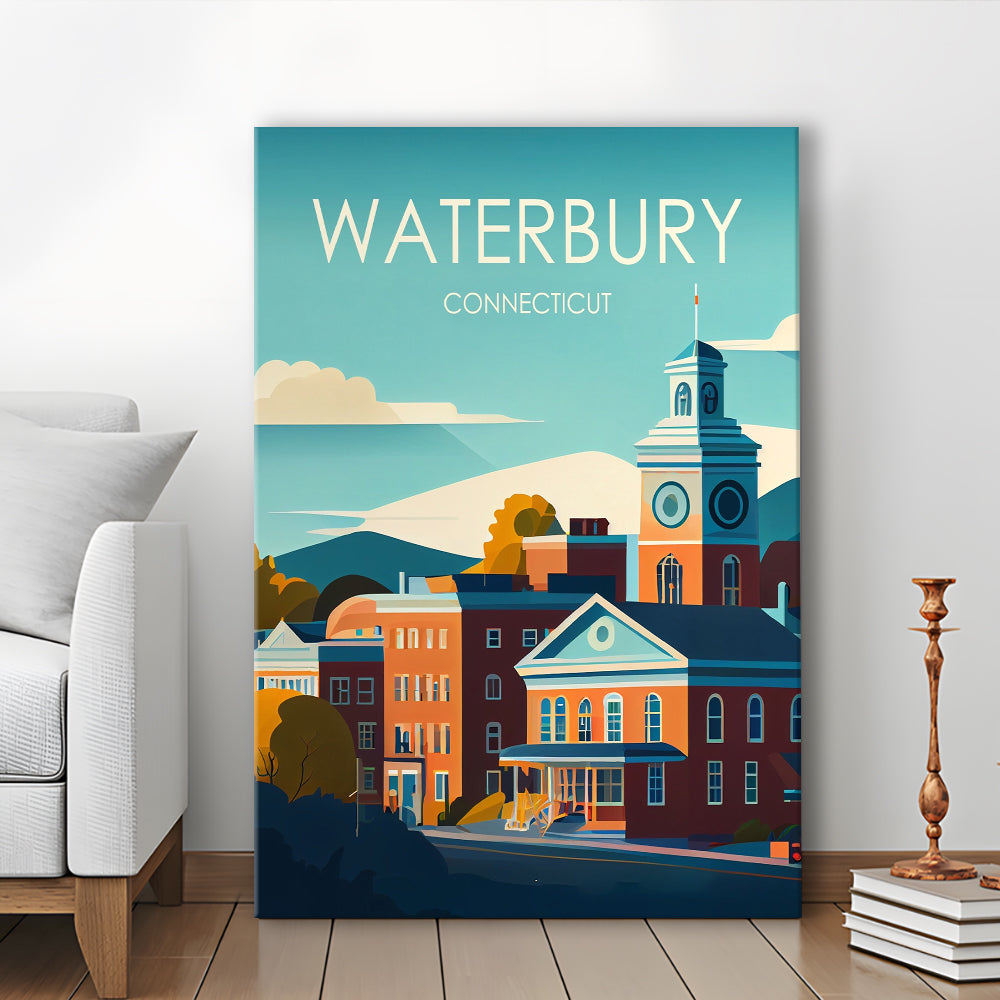 Waterbury Connecticut Retro Art Print, Waterbury City Wall Art, Canvas Print, Painting Canvas, Living Room Decor
