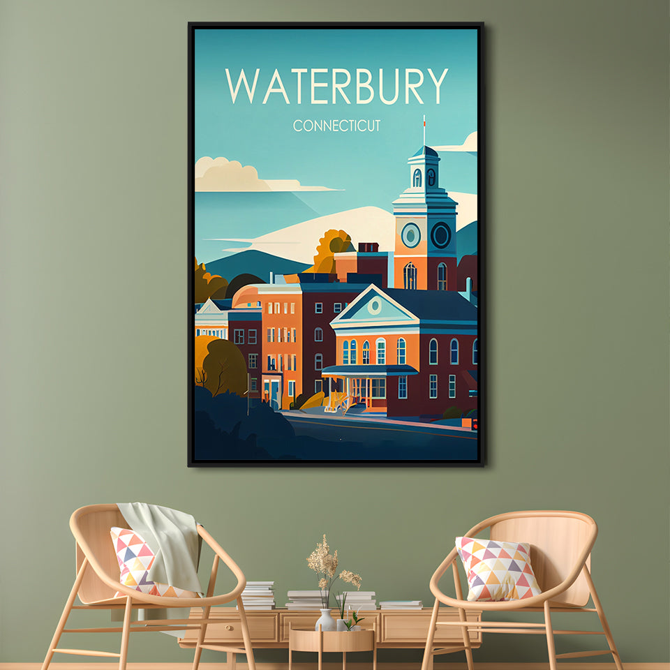 Waterbury Connecticut Retro Art Print, Waterbury City Wall Art, Floating Framed Canvas Print, Framed Picture, Painting Canvas