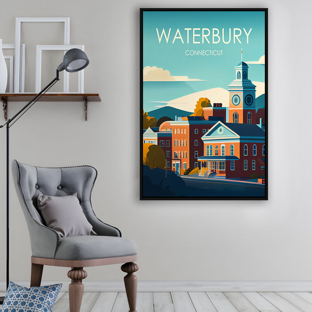 Waterbury Connecticut Retro Art Print, Waterbury City Wall Art, Floating Framed Canvas Print, Framed Picture, Painting Canvas
