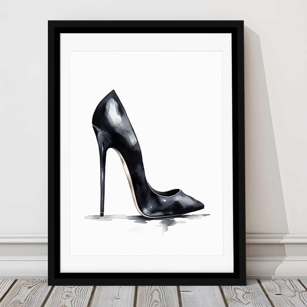 Watercolor Black Stiletto Heel Modern Fashion Art, Framed Canvas Print Wall Art, Floating Frame