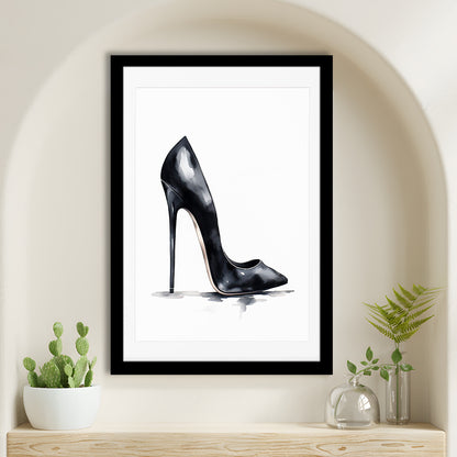 Watercolor Black Stiletto Heel Modern Fashion Art, Framed Art Print Wall Decor, Picture Framed