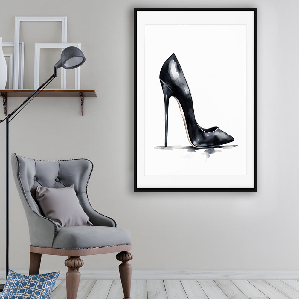 Watercolor Black Stiletto Heel Modern Fashion Art, Framed Canvas Print Wall Art, Floating Frame