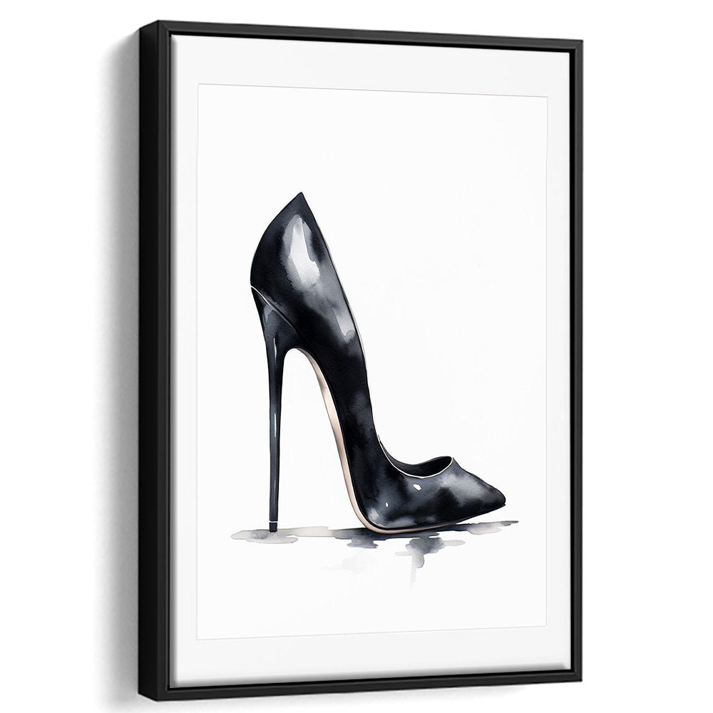 Watercolor Black Stiletto Heel Modern Fashion Art, Framed Canvas Print Wall Art, Floating Frame