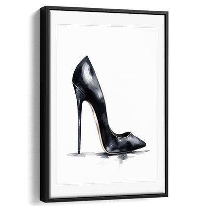 Watercolor Black Stiletto Heel Modern Fashion Art, Framed Canvas Print Wall Art, Floating Frame