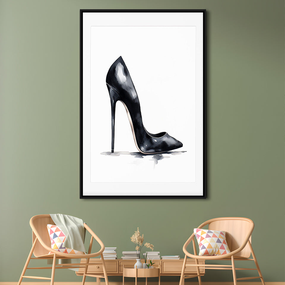 Watercolor Black Stiletto Heel Modern Fashion Art, Framed Canvas Print Wall Art, Floating Frame