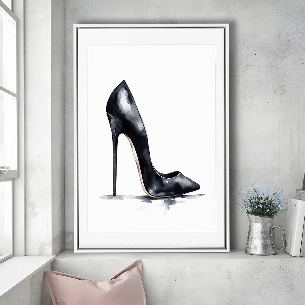 Watercolor Black Stiletto Heel Modern Fashion Art, Framed Canvas Print Wall Art, Floating Frame
