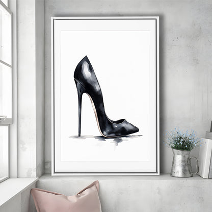 Watercolor Black Stiletto Heel Modern Fashion Art, Framed Canvas Print Wall Art, Floating Frame
