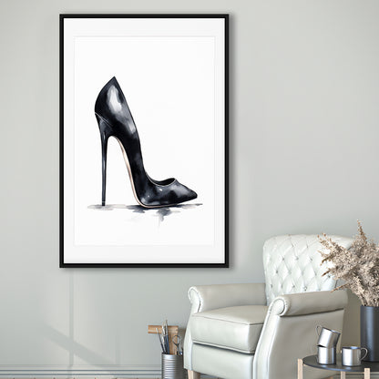 Watercolor Black Stiletto Heel Modern Fashion Art, Framed Canvas Print Wall Art, Floating Frame