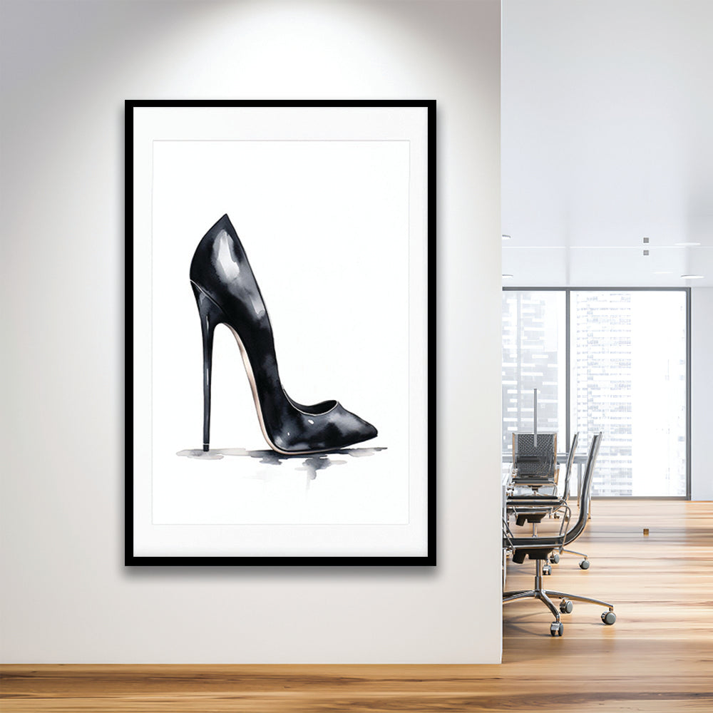 Watercolor Black Stiletto Heel Modern Fashion Art, Framed Art Print Wall Decor, Picture Framed