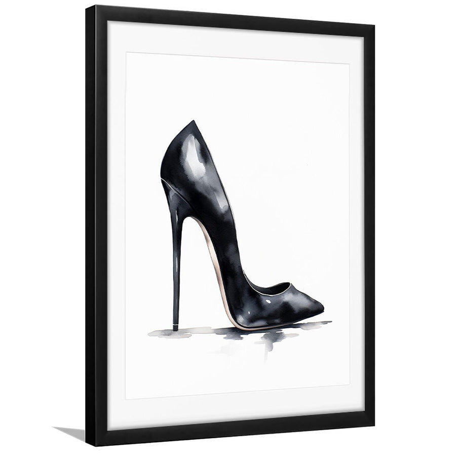Watercolor Black Stiletto Heel Modern Fashion Art, Framed Art Print Wall Decor, Picture Framed