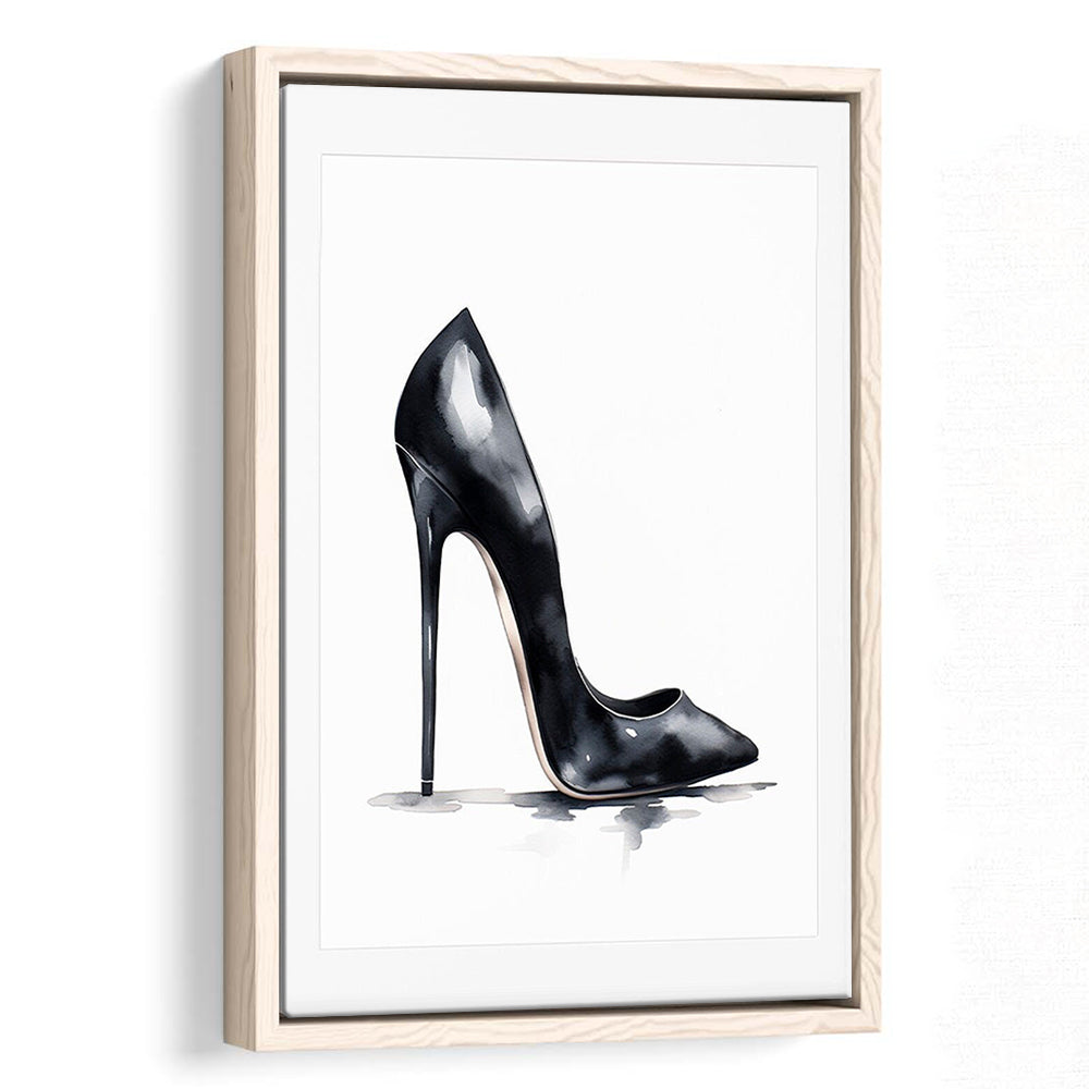Watercolor Black Stiletto Heel Modern Fashion Art, Framed Canvas Print Wall Art, Floating Frame