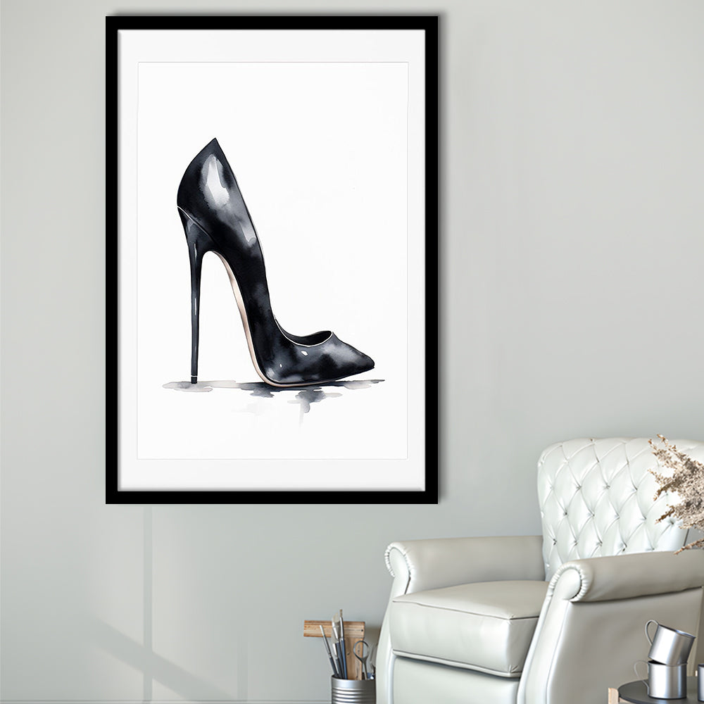 Watercolor Black Stiletto Heel Modern Fashion Art, Framed Art Print Wall Decor, Picture Framed