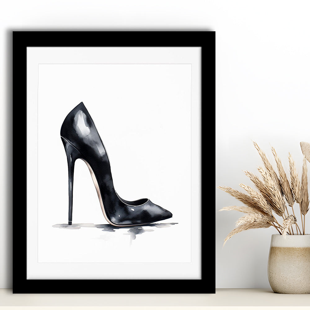 Watercolor Black Stiletto Heel Modern Fashion Art, Framed Art Print Wall Decor, Picture Framed