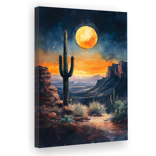 Watercolor Moody Desert Painting Cactus Moon, Canvas Art Print Decor, Painting Art, Canvas Prints Wall Art