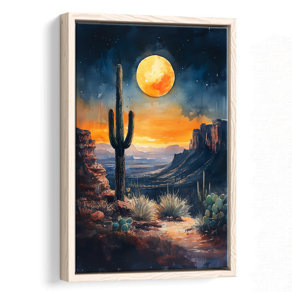 Watercolor Moody Desert Painting Cactus Moon, Floating Framed Canvas Art Print,, Framed Canvas Prints Wall Art