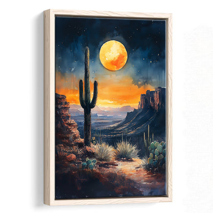 Watercolor Moody Desert Painting Cactus Moon, Floating Framed Canvas Art Print,, Framed Canvas Prints Wall Art