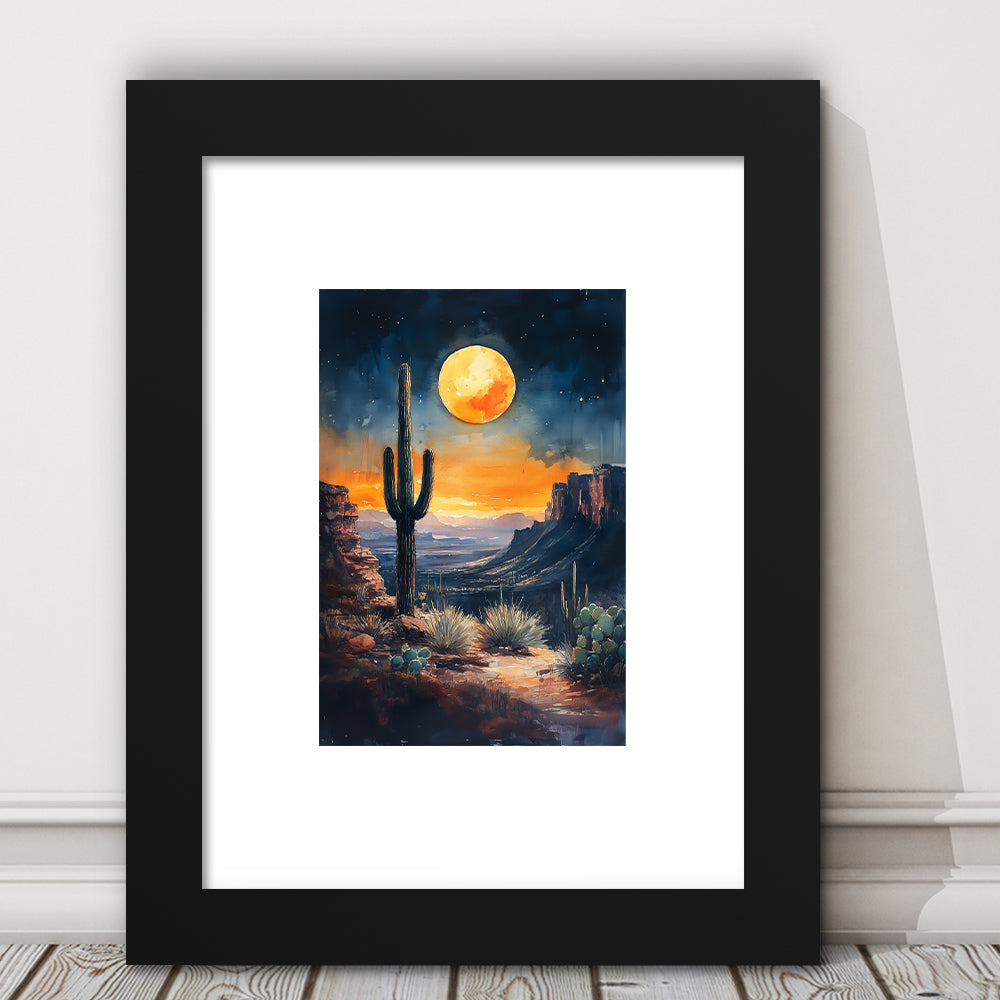Watercolor Moody Desert Painting Cactus Moon, Framed Picture Print, Framed Art Prints White Border Wall Decor