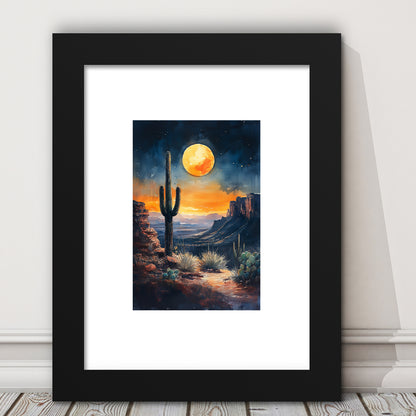 Watercolor Moody Desert Painting Cactus Moon, Framed Picture Print, Framed Art Prints White Border Wall Decor