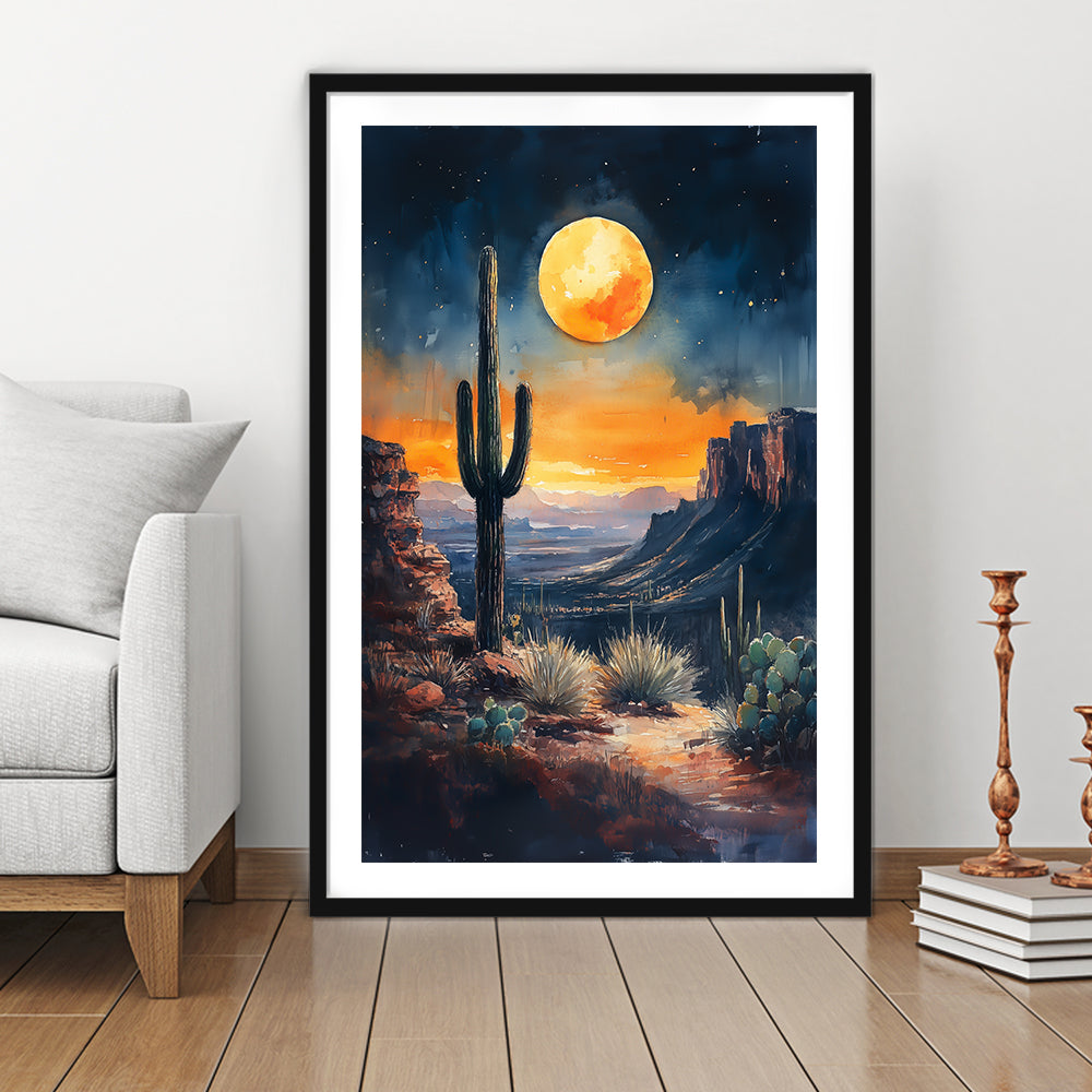Watercolor Moody Desert Painting Cactus Moon, Framed Picture Print, Framed Art Prints White Border Wall Decor