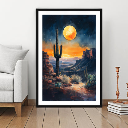 Watercolor Moody Desert Painting Cactus Moon, Framed Picture Print, Framed Art Prints White Border Wall Decor