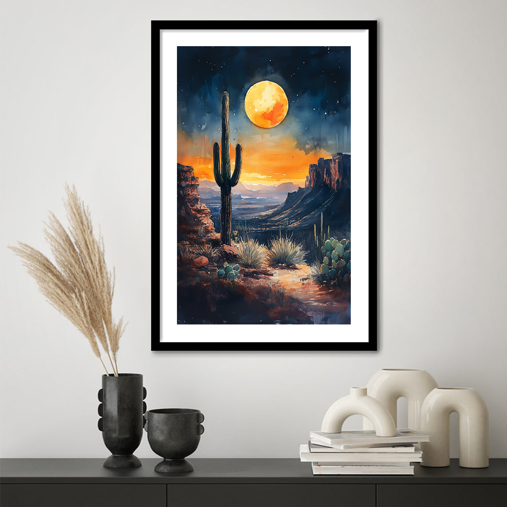 Watercolor Moody Desert Painting Cactus Moon, Framed Picture Print, Framed Art Prints White Border Wall Decor