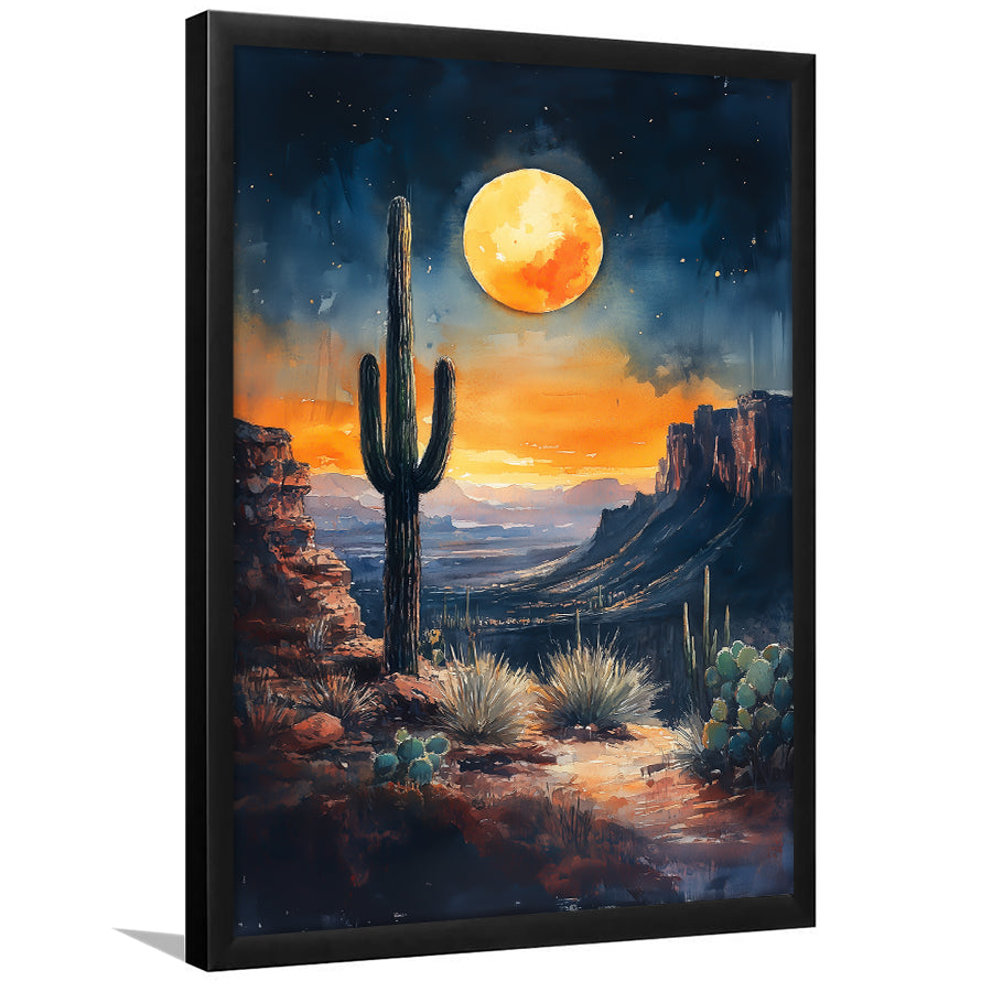 Watercolor Moody Desert Painting Cactus Moon, Framed Picture Print,, Framed Art Prints Wall Decor