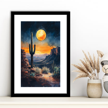 Watercolor Moody Desert Painting Cactus Moon, Framed Picture Print, Framed Art Prints White Border Wall Decor