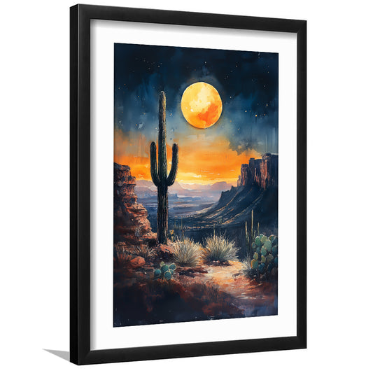 Watercolor Moody Desert Painting Cactus Moon, Framed Picture Print, Framed Art Prints White Border Wall Decor