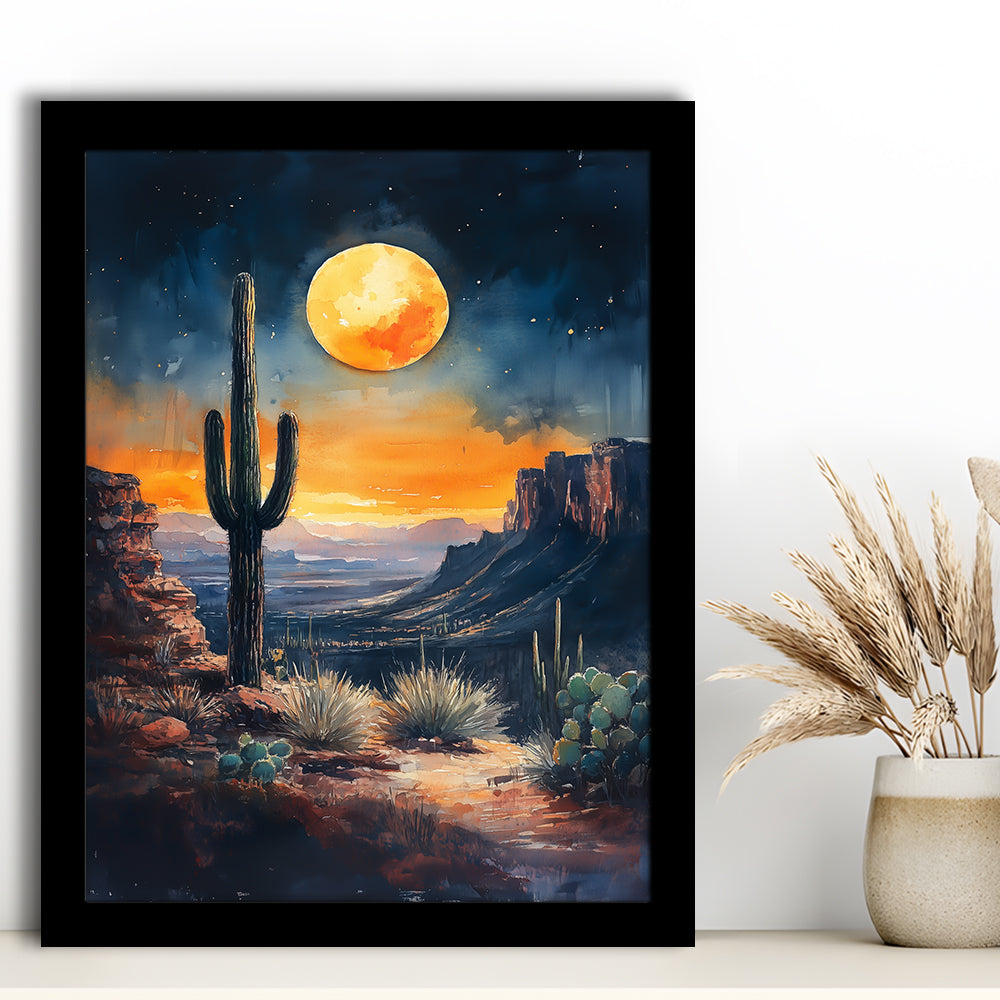 Watercolor Moody Desert Painting Cactus Moon, Framed Picture Print,, Framed Art Prints Wall Decor