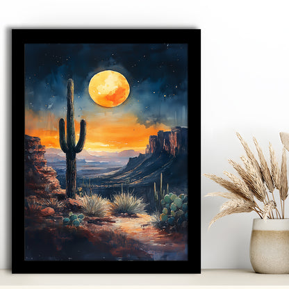 Watercolor Moody Desert Painting Cactus Moon, Framed Picture Print,, Framed Art Prints Wall Decor