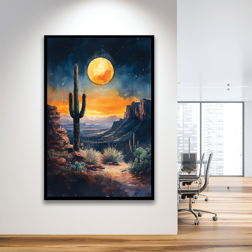 Watercolor Moody Desert Painting Cactus Moon, Framed Picture Print,, Framed Art Prints Wall Decor