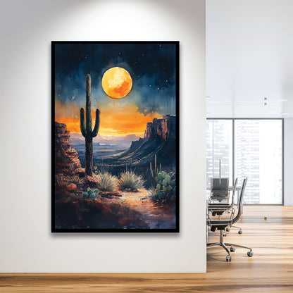 Watercolor Moody Desert Painting Cactus Moon, Framed Picture Print,, Framed Art Prints Wall Decor