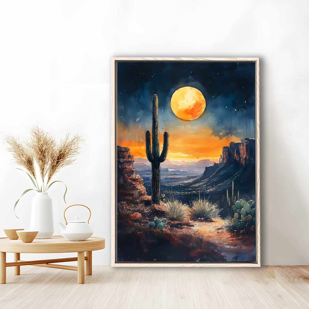 Watercolor Moody Desert Painting Cactus Moon, Floating Framed Canvas Art Print,, Framed Canvas Prints Wall Art