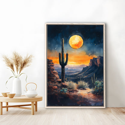 Watercolor Moody Desert Painting Cactus Moon, Floating Framed Canvas Art Print,, Framed Canvas Prints Wall Art
