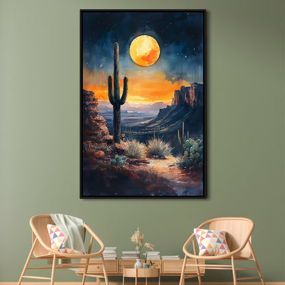 Watercolor Moody Desert Painting Cactus Moon, Floating Framed Canvas Art Print,, Framed Canvas Prints Wall Art