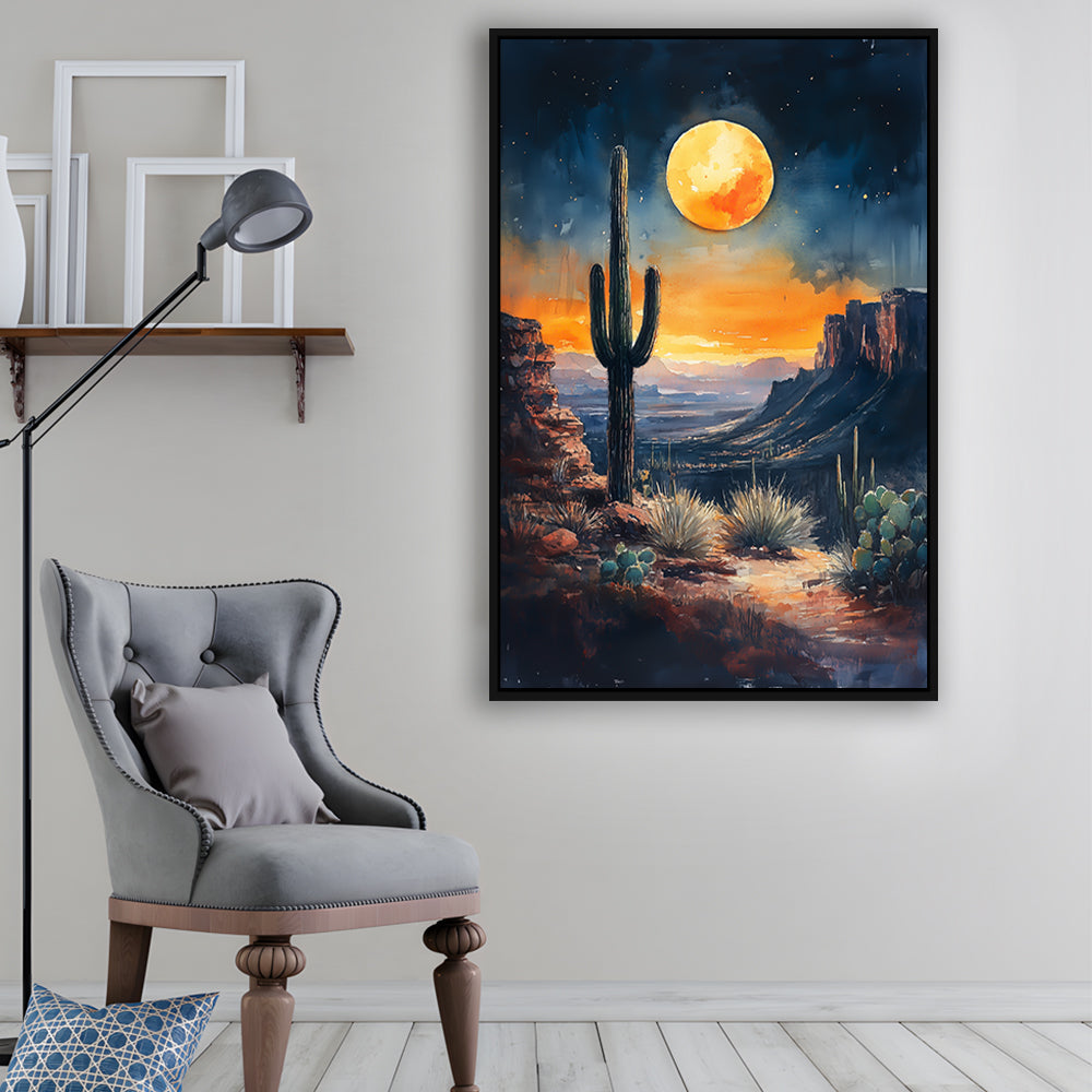 Watercolor Moody Desert Painting Cactus Moon, Floating Framed Canvas Art Print,, Framed Canvas Prints Wall Art