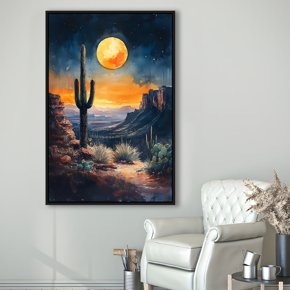 Watercolor Moody Desert Painting Cactus Moon, Floating Framed Canvas Art Print,, Framed Canvas Prints Wall Art