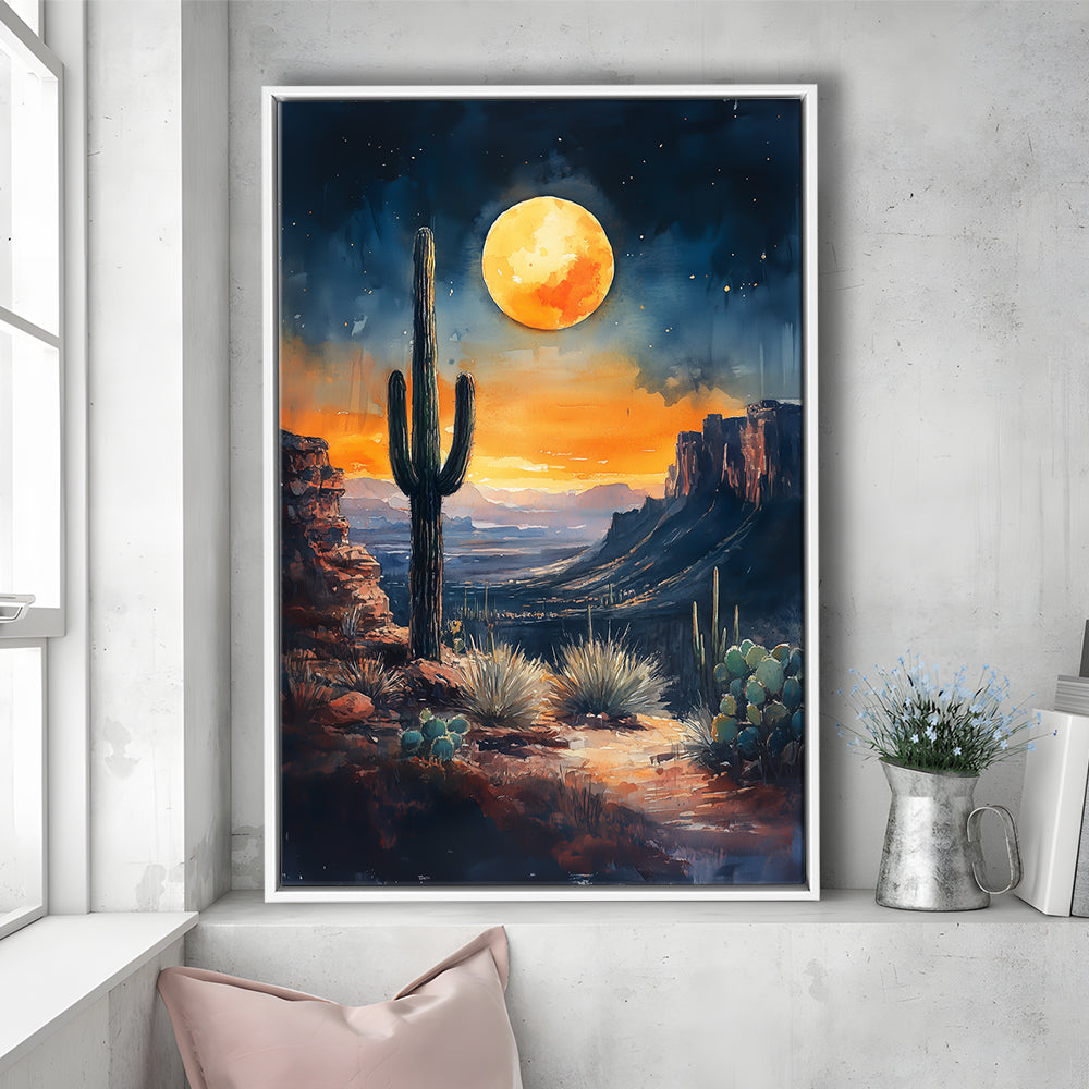 Watercolor Moody Desert Painting Cactus Moon, Floating Framed Canvas Art Print,, Framed Canvas Prints Wall Art