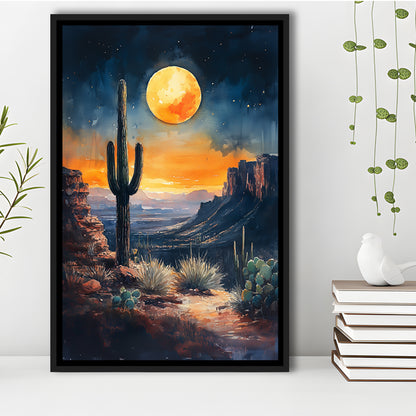 Watercolor Moody Desert Painting Cactus Moon, Floating Framed Canvas Art Print,, Framed Canvas Prints Wall Art