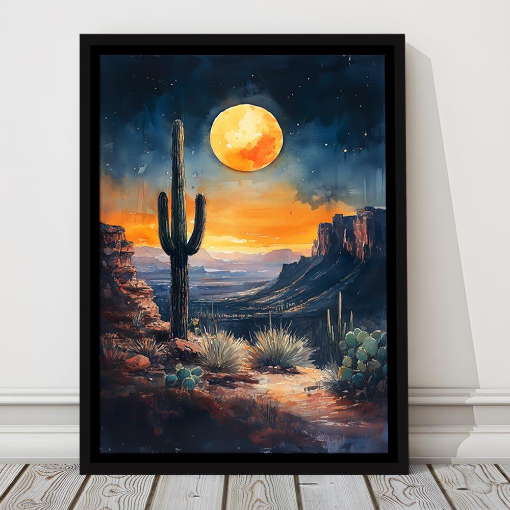 Watercolor Moody Desert Painting Cactus Moon, Floating Framed Canvas Art Print,, Framed Canvas Prints Wall Art