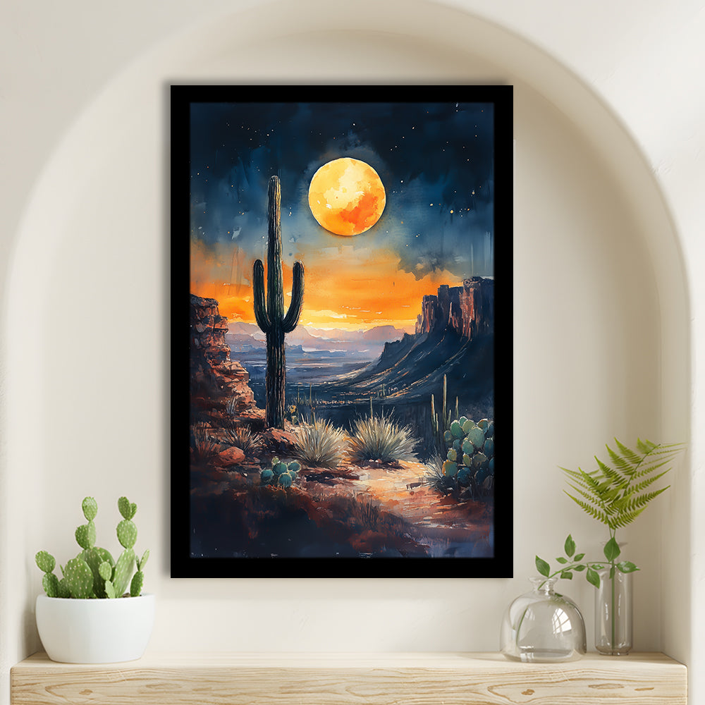 Watercolor Moody Desert Painting Cactus Moon, Framed Picture Print,, Framed Art Prints Wall Decor