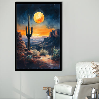 Watercolor Moody Desert Painting Cactus Moon, Framed Picture Print,, Framed Art Prints Wall Decor